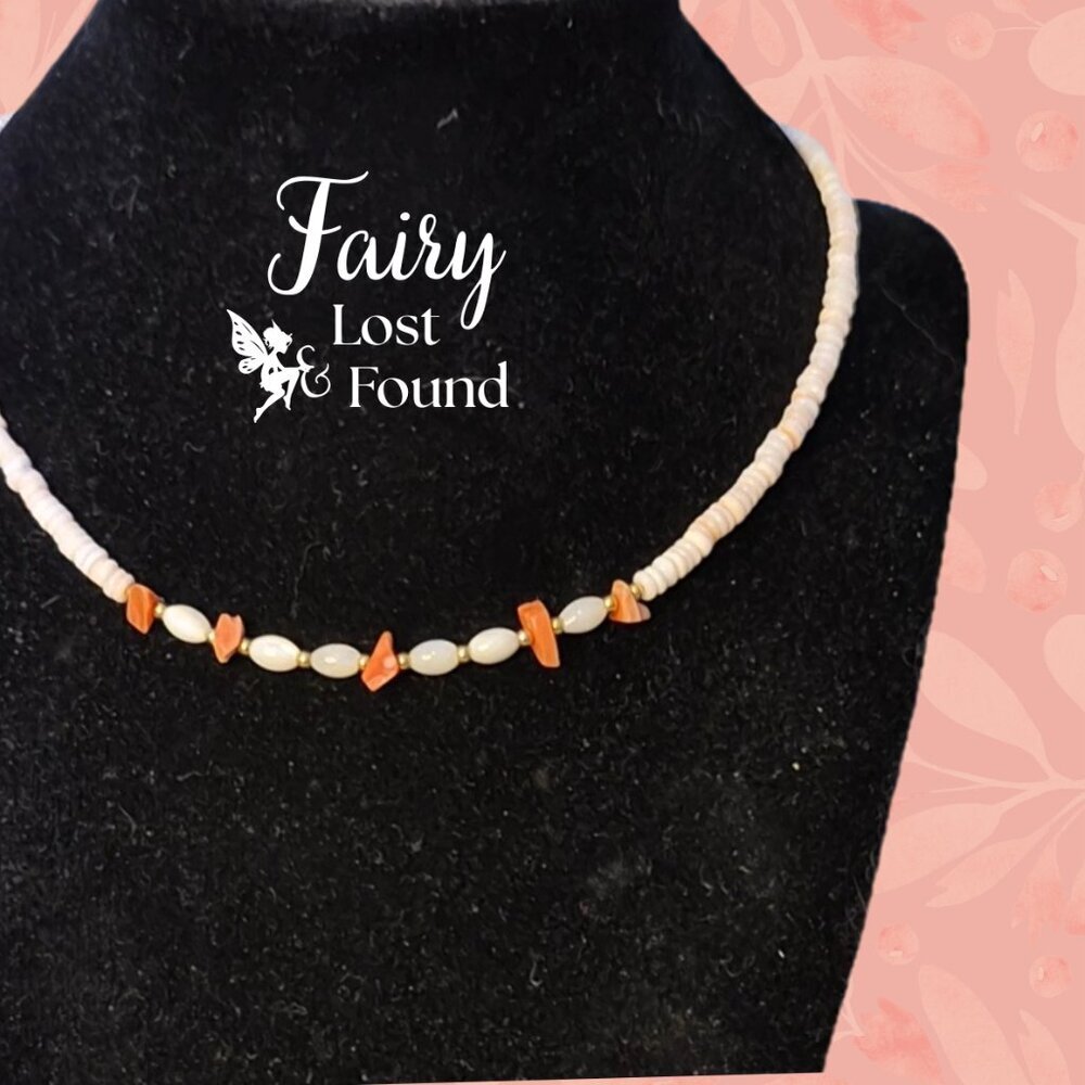 Vintage Pink & Cream Natural Coral, Conch Shell & Mother-of-pearl 16" Necklace